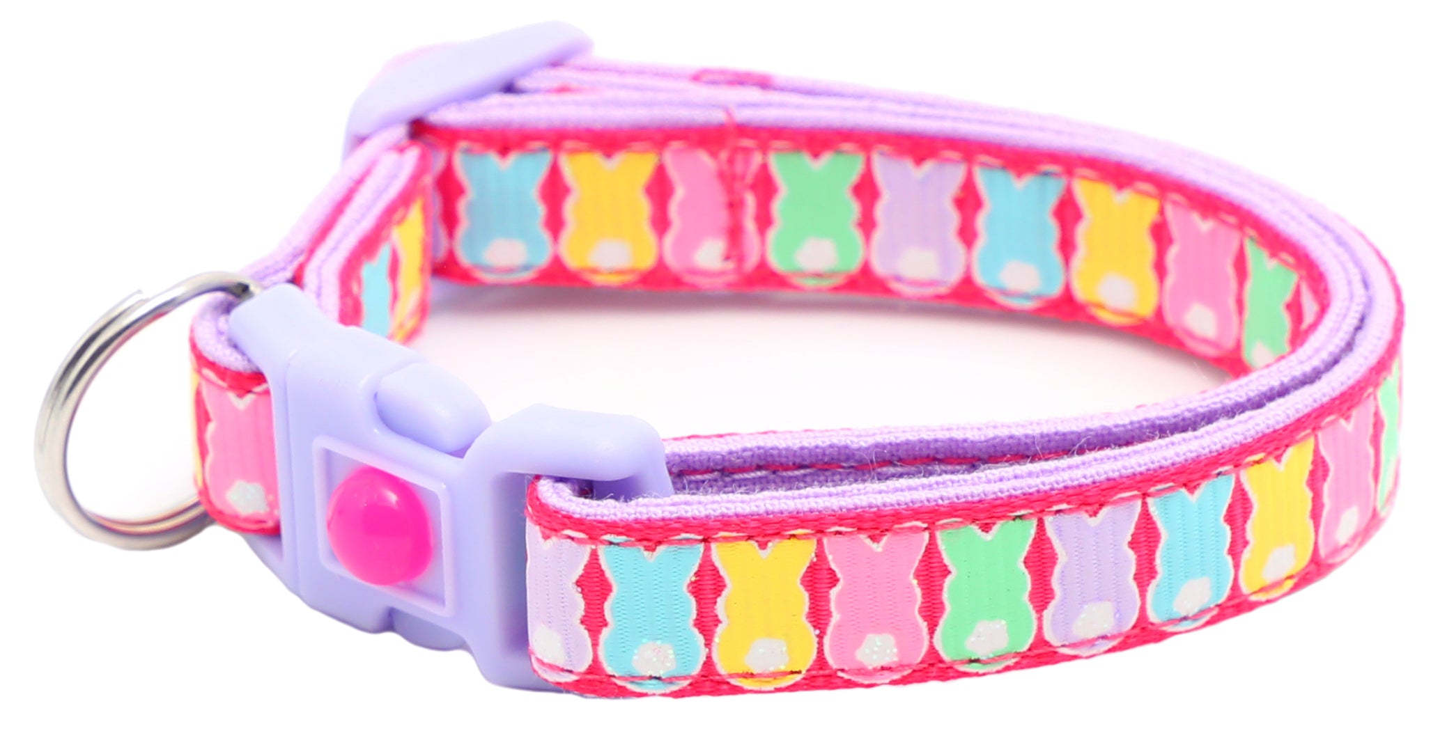 A colorful Marshmallow Easter Bunnies Breakaway Cat Collar featuring cute bunny designs, made from reinforced cotton with a breakaway clip.